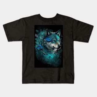 Cool Wolf portrait with teal and blue glow Kids T-Shirt